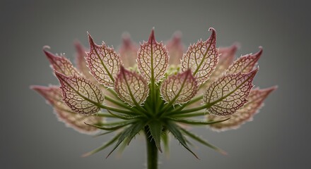 Close up of delicate flower petals with intricate vein details on gray
