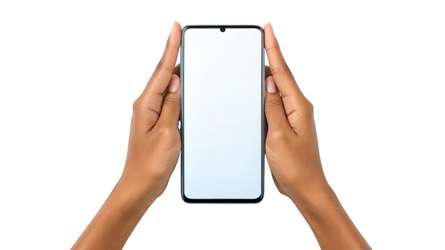 Hands holding modern smartphone with blank white screen isolated isolated on white background