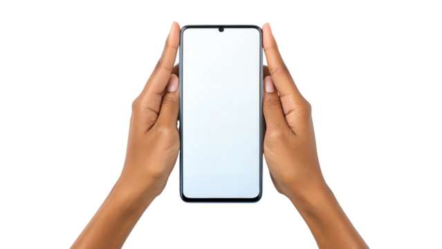 Hands holding modern smartphone with blank white screen isolated isolated on white background