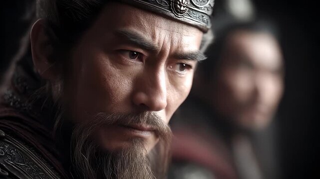 Close-up of a Tang Dynasty general's face, solemn and dignified