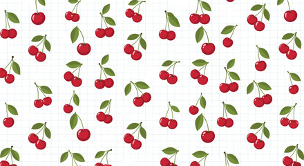 A cheerful and fresh repeat pattern featuring sweet red cherries on their green stems, set against a subtle grid paper background.