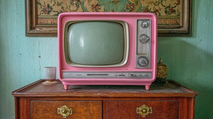 A vintage pink television set sits on a wooden dresser in a cozy room. The television's retro design and soft green screen evoke nostalgia, complemented by vintage decor in the background.