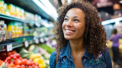 A woman with curly hair enjoys her time in a grocery store, looking at fresh fruits and vegetables on the shelves. The scene captures her joyful expression and vibrant surroundings.