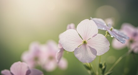 Close up of delicate flowers in soft focus with gentle sunlight and bokeh