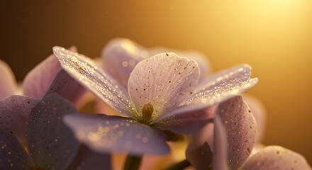 Close up of delicate hydrangea flower with water droplets and soft lighting