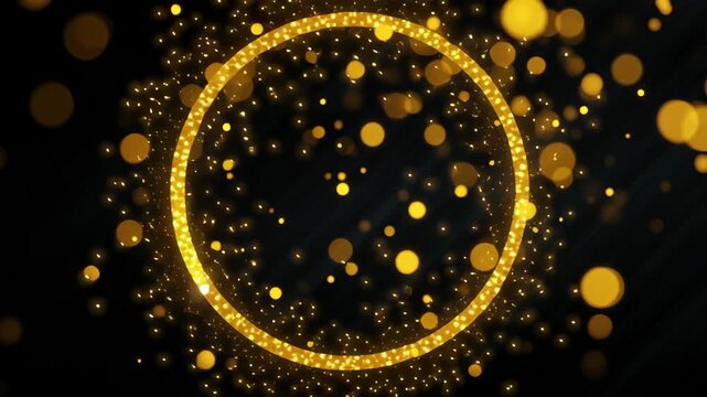 Bright shiny gold particle bokeh animation effect abstract background light enhanced by galaxy glow ray swirl starry sparkles with burst, rainbow