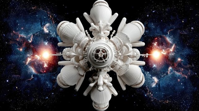 A detailed white, star-shaped spacecraft is positioned against a backdrop of a vibrant, colorful nebula and countless stars.