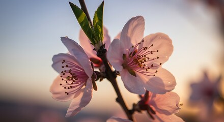 Close up of delicate peach blossoms on a branch with soft lighting