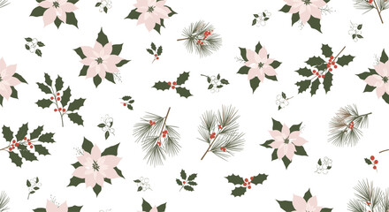 Seamless holiday pattern with soft pink poinsettias, green holly, and pine branches adorned with red berries, perfect for festive winter designs.