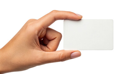 Human hand holds blank white card with rounded corners for copy isolated on white background