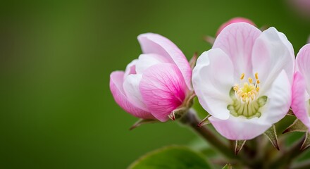 Close up of delicate pink and white blossoms against green background