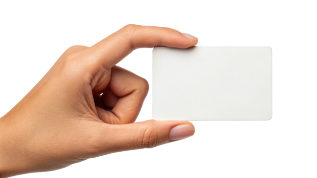 Human hand holds blank white card with rounded corners for copy isolated on white background