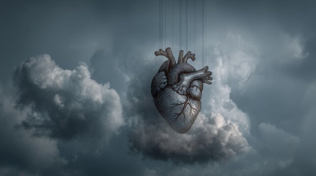 A large human heart dangles from thin strings among billowing clouds, set against a moody and dramatic sky. The scene evokes a sense of surreal emotions and contemplation.
