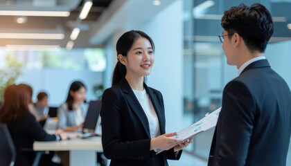 Two business professionals, a woman holding documents, are having a discussion in a modern office setting.