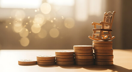 Wooden rocking chair atop stacked coins, symbolizing retirement savings and financial planning for the future, isolated on white background