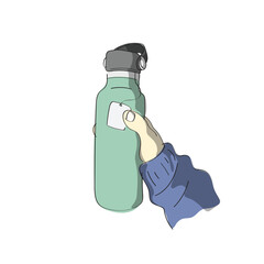 closeup hand holding stainless steel water bottle with tea bag inside illustration vector hand drawn with black lines