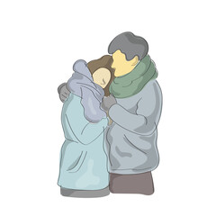 couple hugging in winter season with scarf and coat illustration vector hand drawn with black lines