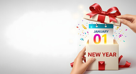Unboxing new year excitement revealing January 1st on calendar with confetti and celebratory vibes