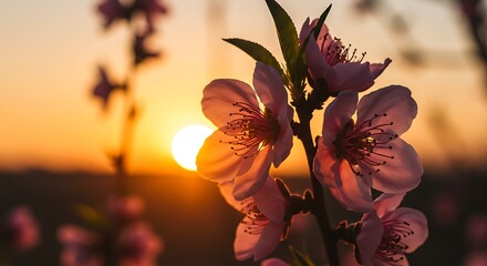 Close up of delicate pink blossoms illuminated by warm sunset light