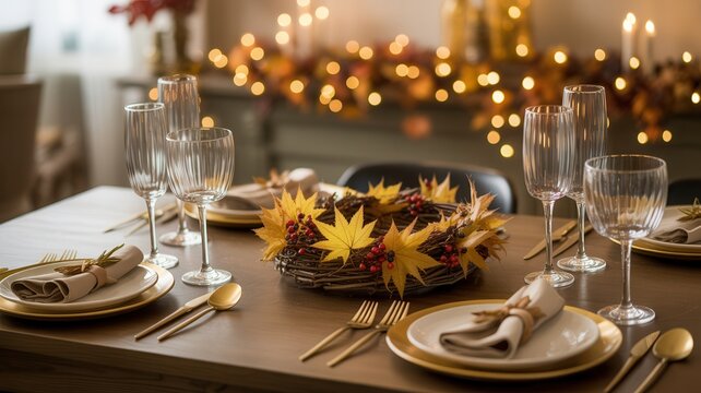 Thanksgiving table setting with autumn decorations and elegant dinnerware