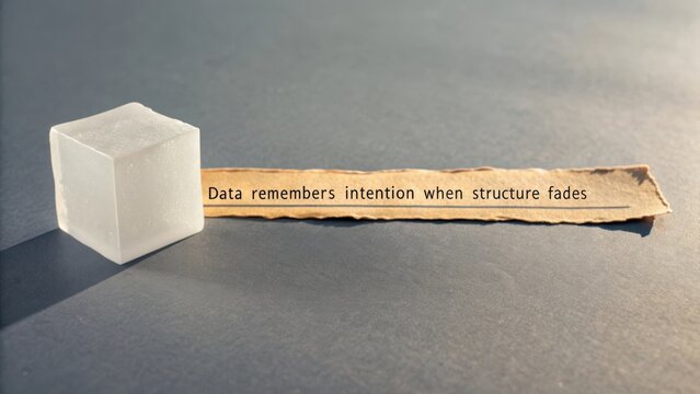 Cube of ice beside a paper strip with written text about data and intention on a grey background