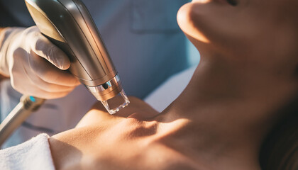 Laser Treatment: A close-up view shows the precise application of laser treatment on a person's skin, a cutting-edge aesthetic procedure to rejuvenate the skin.