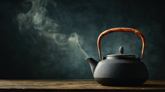 A simple still life of a black teapot with a natural wood handle, with soft steam curling upwards against a dark background