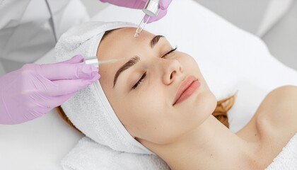 Serum Application: A serene scene unfolds as a professional applies a revitalizing serum onto a client's face, her eyes closed in blissful relaxation, as she indulges in skincare treatment.