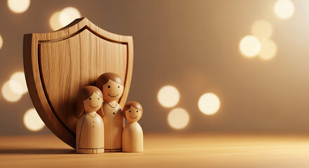 A wooden family figurine stands protected behind a shield, symbolizing safety and security, with a warm, inviting glow and bokeh lights in the backdrop, evoking a sense of comfort and care