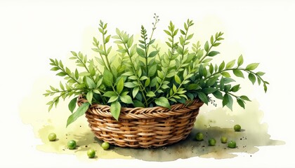 Naklejka premium Fresh green leaves and apples in woven basket woven basket holding vibrant green leaves and ripe green apples showcasing natural abundance