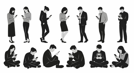 People engrossed in their smartphones in various poses and positions.
