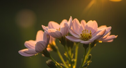 Close up of delicate pink flowers blooming in soft sunlight against green background