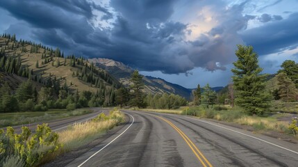 A winding road through a valley under a dramatic sky, flanked by hills and trees
