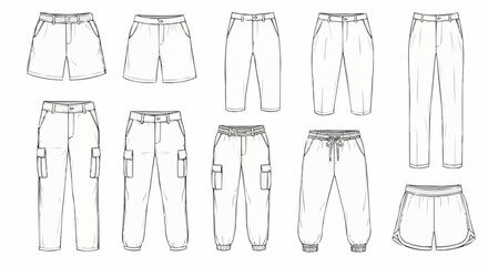 Collection of Fashionable Pants and Shorts Sketches.