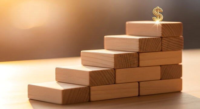 A golden dollar sign gleams atop a staircase of wooden blocks, symbolizing financial growth and success, set against a warm, sunlit background, inspiring ambition and achievement