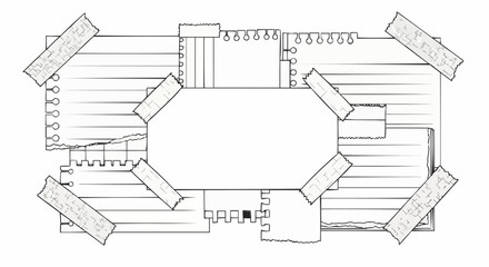 Architectural blueprint of a building layout with multiple rooms and an octagonal central space.