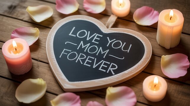 Heart shaped chalkboard with love you mom forever message and candles