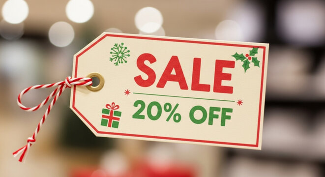 Holiday christmas sale twenty percent off promotion discount tag with gift snowflake and holly berries design