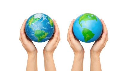 Hands cradling two earth globes symbolizing global environment care isolated on white background