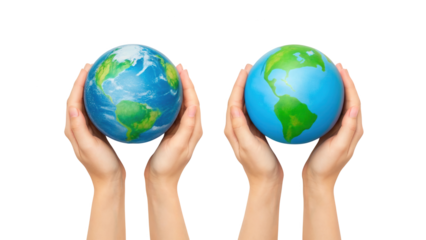 Hands cradling two earth globes symbolizing global environment care isolated on white background
