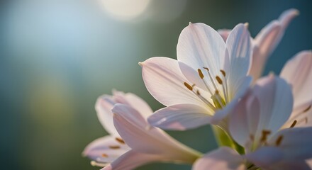 Fototapeta premium Close up of delicate white flowers blooming with soft natural lighting