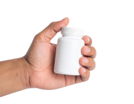 Hand holding white medicine bottle mockup supplement container on transparent background