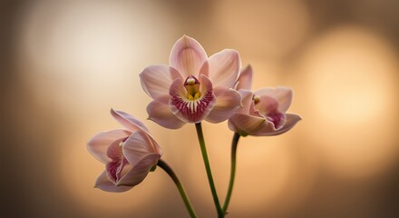 Close up of elegant orchid blossoms with soft petal textures and artistic bokeh