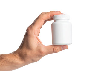 Hand holding white medicine bottle mockup supplement container on transparent background