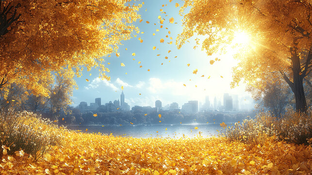 Golden autumn leaves frame city skyline under bright sun