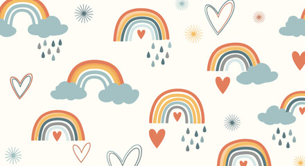 Cute seamless pattern featuring colorful rainbows, clouds, raindrops, hearts, and whimsical starbursts on a cream background.