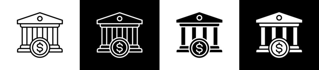 Bank icon variations in line and glyph style on black and white background