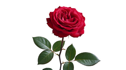 A single, vibrant red rose with green leaves on a white background