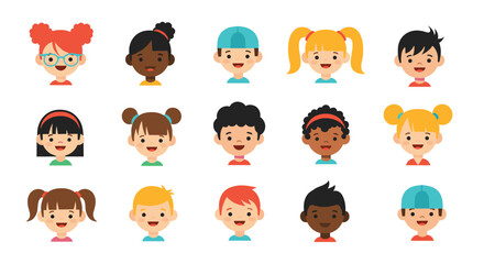 Fototapeta premium Adorable cartoon avatars of diverse children, including boys and girls with various skin tones, hairstyles, and cheerful, welcoming smiles.