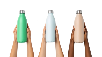 Diverse hands holding colorful insulated reusable water bottles isolated on white background